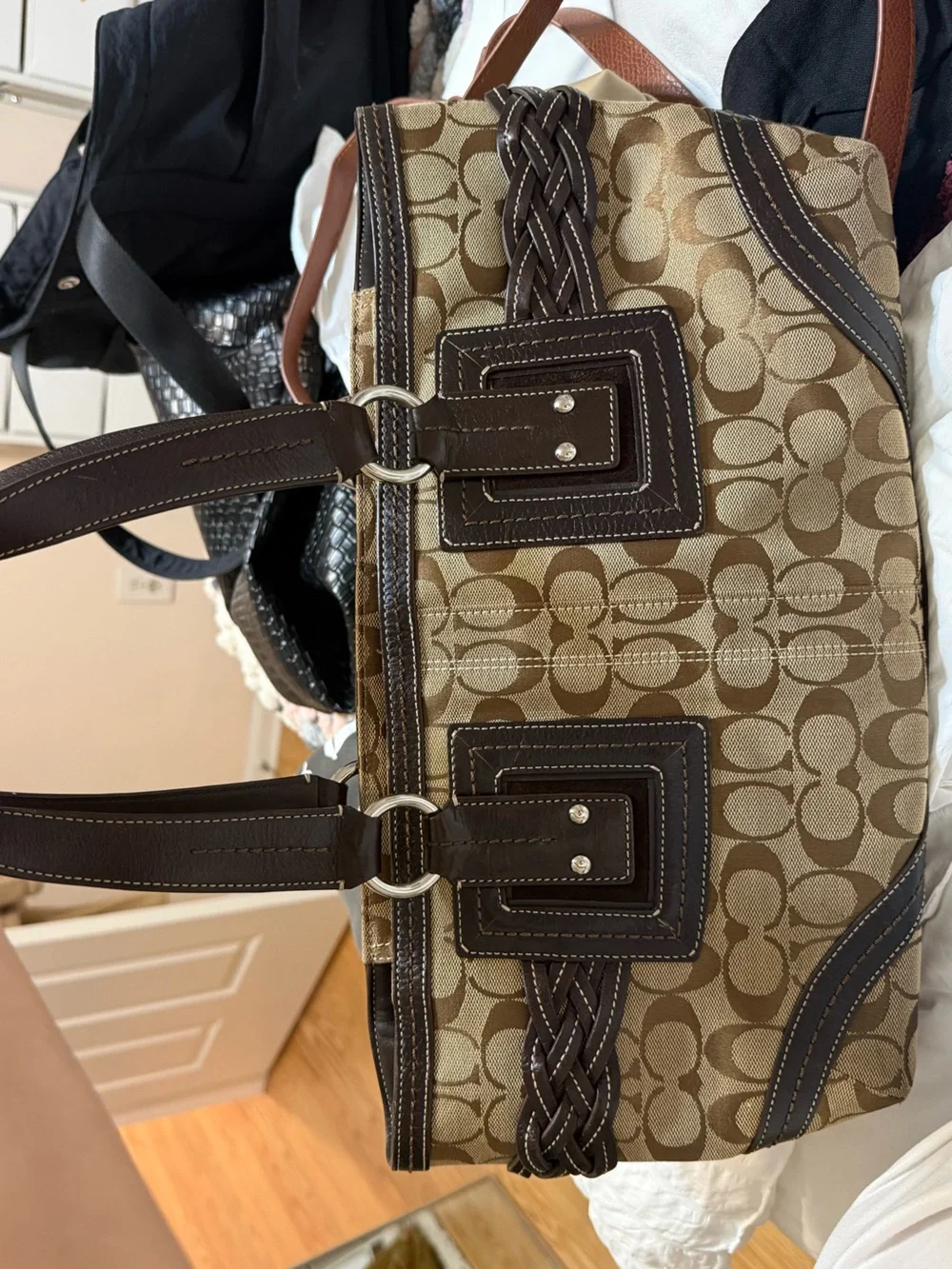 Coach Brown Signature Canvas Shoulder Bag with Dark Brown Leather Trim